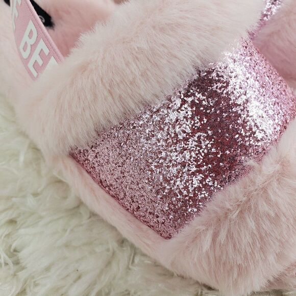 BEBE Plush Pink Glitter Logo Flip Flop Sandals 4/5 - Picture 2 of 4